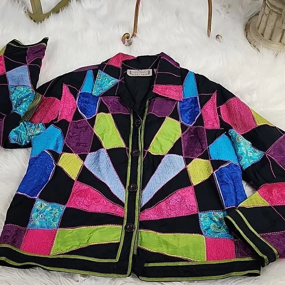 Fun! Artsy Colorful Life Style Size L Patchwork Jacket~Blazer - Picture 2 of 5